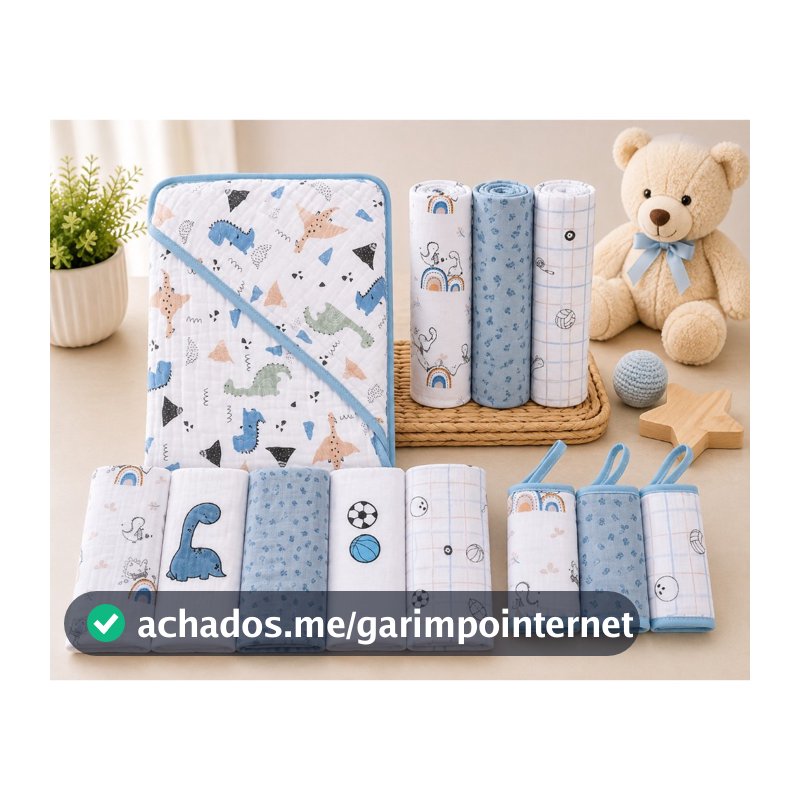 KIT ENXOVAL 12 PEÇAS- TOALHA DE BANHO SOFT 3 CAMADAS+FRALDA DE PANO+PANINHO DE BOCA+CUEIROS FLANELADOS PAPI