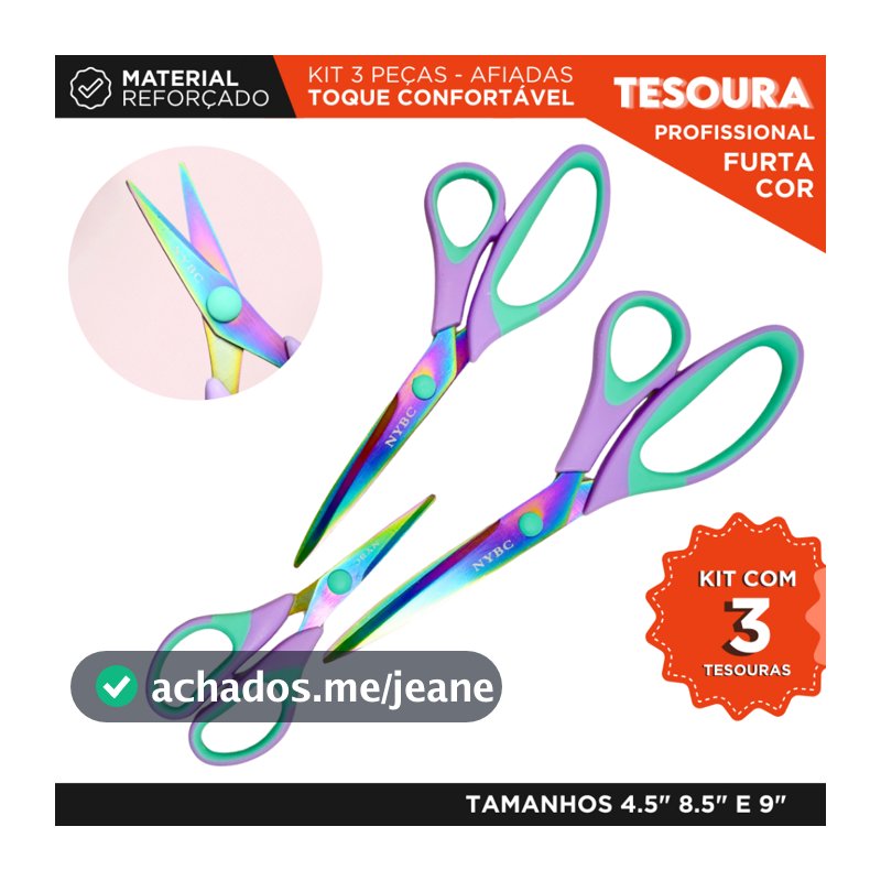 Kit 3 Tesouras Furta-Cor Aço Inox Profissional 4.5 8.5 e 9 Polegadas Multiuso Costura Papelaria - MN