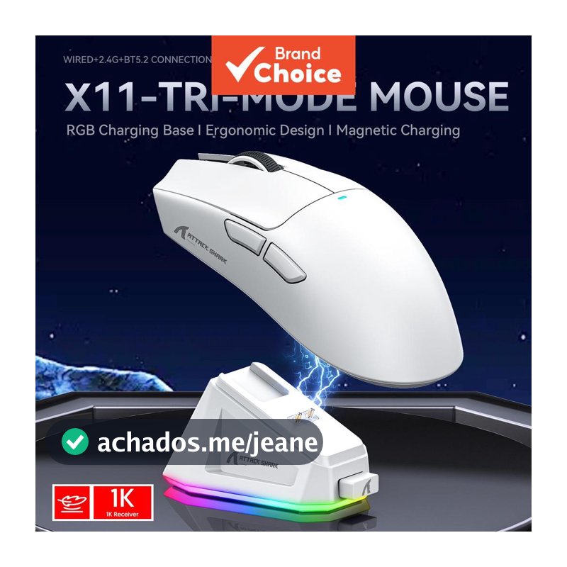 Mouse Gamer Attack Shark X11 59g Tri-Modo Ultraleve, Sensor Paw3311 RGB com Dock de Carregamento Magnético