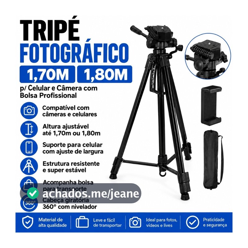 Tripé Fotográfico Profissional 1,70m ou 1,80m para Celular e Câmera com Cabeça 360°, Bolsa e Suporte