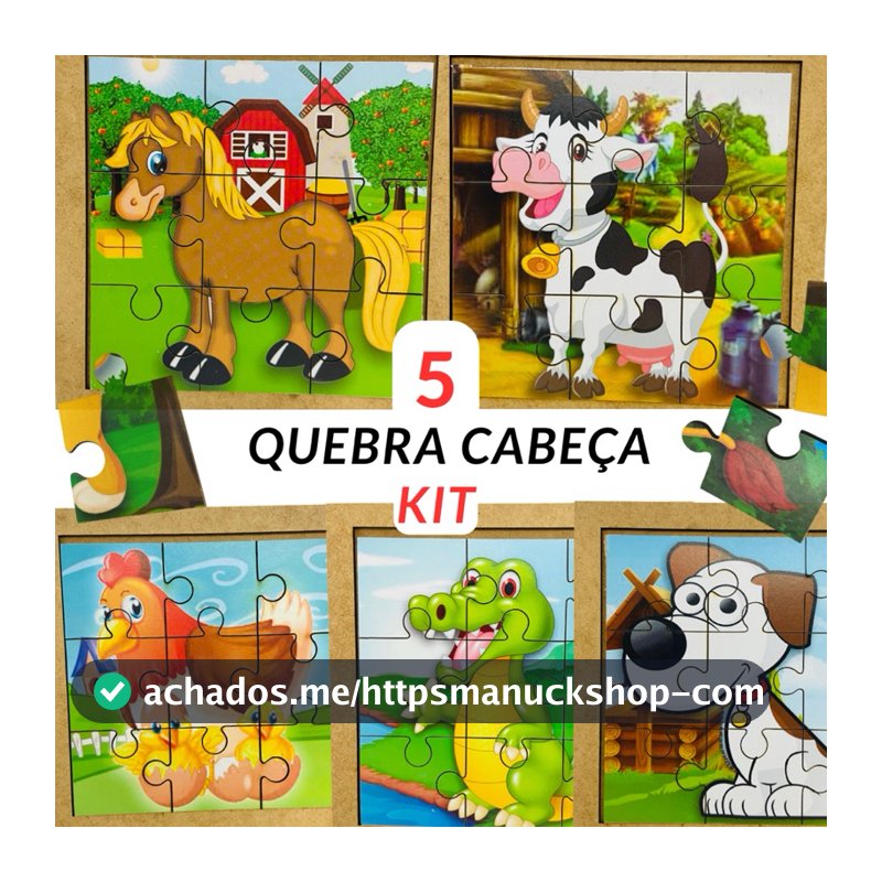 Kit 5 Quebra Cabeça Mdf 9 Peças Jogo pedagógico Fazenda Animais