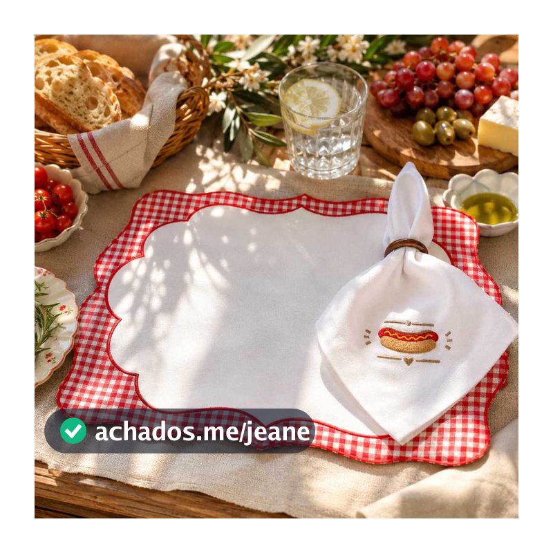 Kit Jogo Americano Hot Dog com Guardanapo Bordado e Porta Guardanapo em Courino