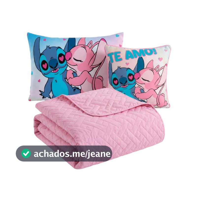 Colcha Cobre Leito Roupa Jogo Cama Infantil Solteiro 5 Pçs Matelado Quarto Criança Menina Stich Rosa