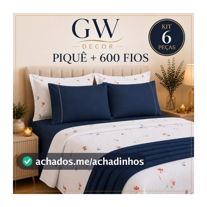 Kit 6 Peças Piquê + 600 Fios Jogo de Cama Macio e Sofisticado Casal Queen e King