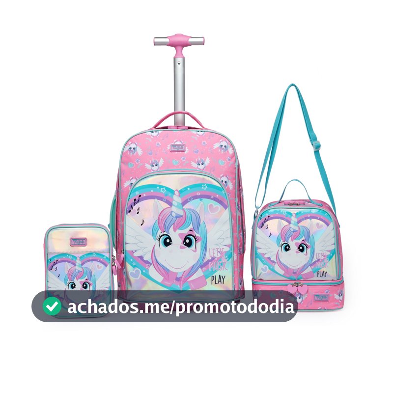 Kit Mochila Rodinha Lancheira Estojo Alças Removíveis Yupe Unicórnio