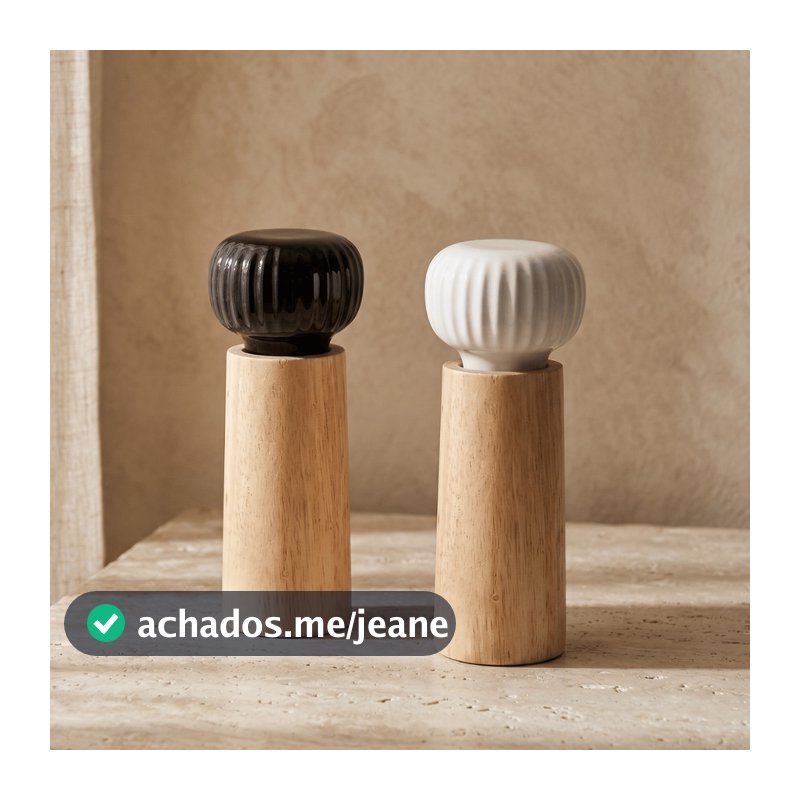 Jogo 2 Moedores Sal E Pimenta Madeira Ceramica Canelada Saleiro Pimenteiro Manual Mesa Posta 16cm