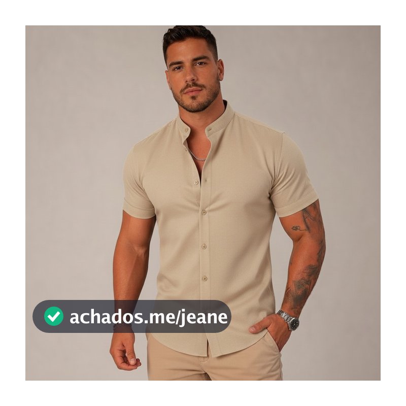 Camisa Social Masculina Gola Padre Manga Curta Aspecto Linho