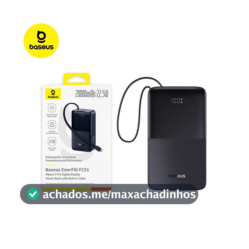 PowerBank Baseus FC51 Bipow2 Pro 10000mAh/20000mAh 22.5W com Cabo Integrado e Display Digital EnerFill