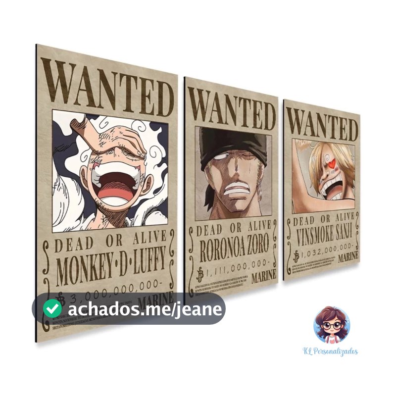 Kit 3 Placa Decorativa One Piece 15x21cm em MDF Premium – Anime Geek Quarto Decor Procurados Wanted