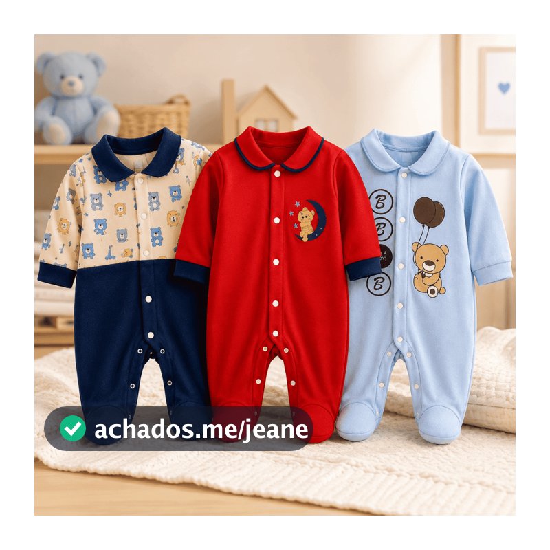 Kit 4 Macacão Menino Bebê Estampado Algodão Vira Pé Reversível Inverno Confortável Enxoval Macio