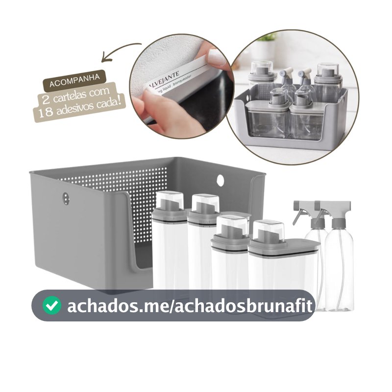 Kit Para Lavanderia 7 Peças Cesto Organizador Dispenser Sabão Borrifador e Etiquetas