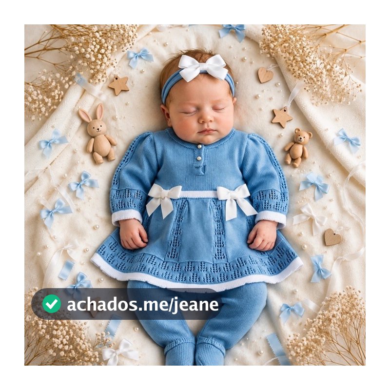 Conjunto Vestido Listrado duas cores em Rendas, Laços com abertura frontal e Botões de Pérola,com Calça recém nascido RN