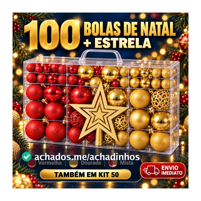 Kit 100 Bolas de Natal E Estrela Ponteira Decoração Enfeite Árvore Fosca Glitter Vermelha Dourada