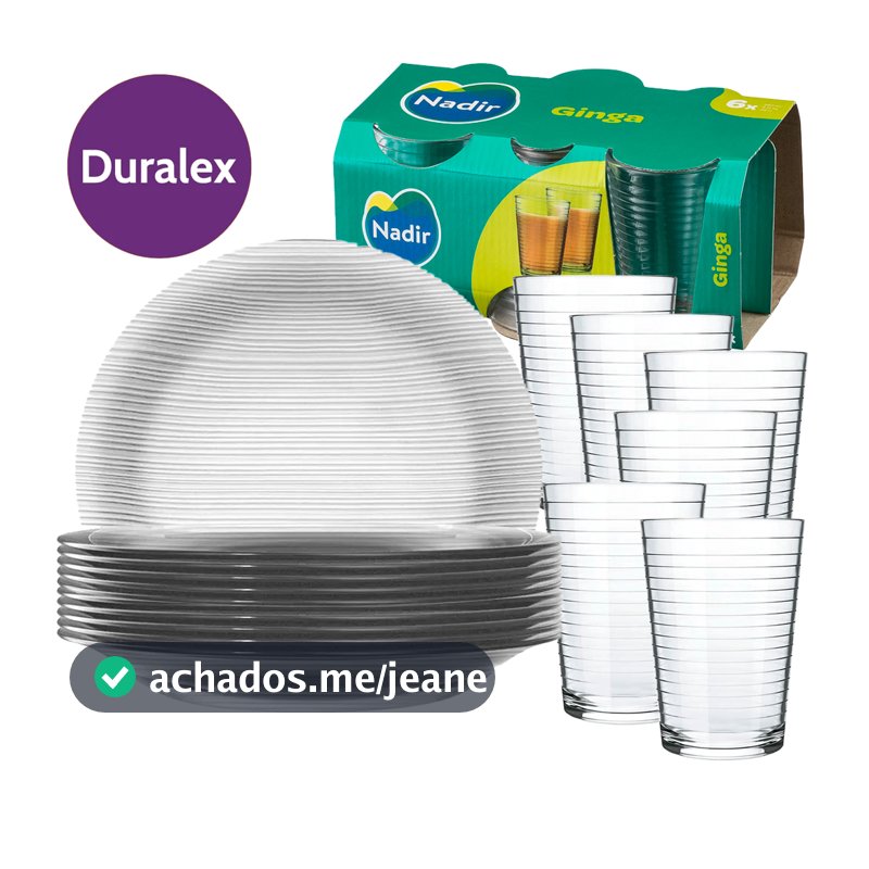 KIT 12 Peças 6 Pratos Fundo Diamante Duralex e 6 Copos Ginga 265ml Vidro vai ao freezer geladeira