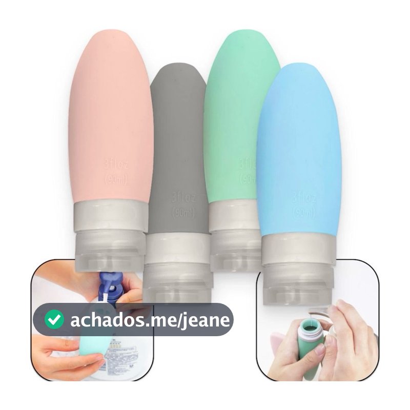 Kit Viagem 4 Frascos Silicone Pote 90ml Porta Creme Shampoo Perfume Loção Corporal Sabonete Líquido