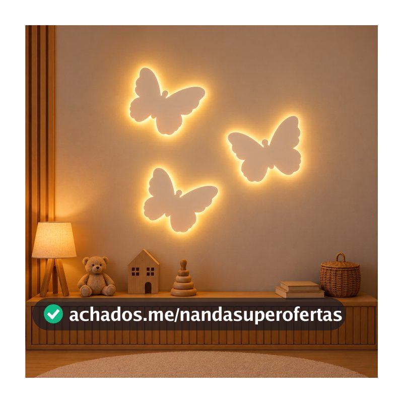 Kit 3 Borboletas Luminária LED Parede Infantil Quarto Menina Decoração