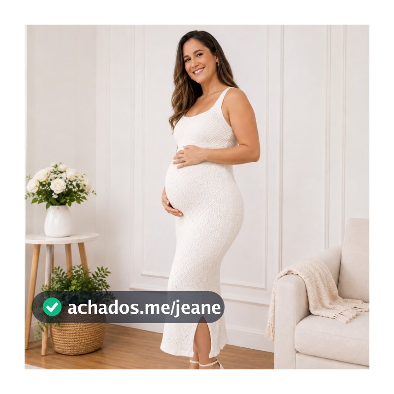 Vestido Gestante Off White Tricot Midi Ensaio fotográfico Chá Revelação