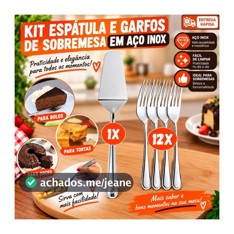 Kit para Bolo e Torta Espátula + Garfo de Sobremesa Aço Inox para Cortar e Servir