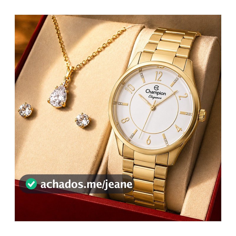 Relógio Feminino Champion Dourado Prova d'água com 1 ano de garantia e colar e brincos