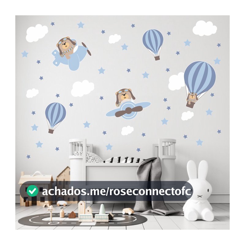 Adesivos de Parede Infantil Urso Aviador baloeiro azul claro decoração quarto bebe
