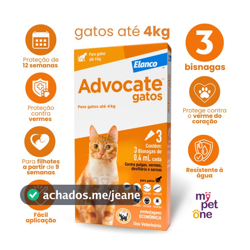 Advocate Elanco 0,4 mL para Gatos até 4 Kg - 3 Bisnagas