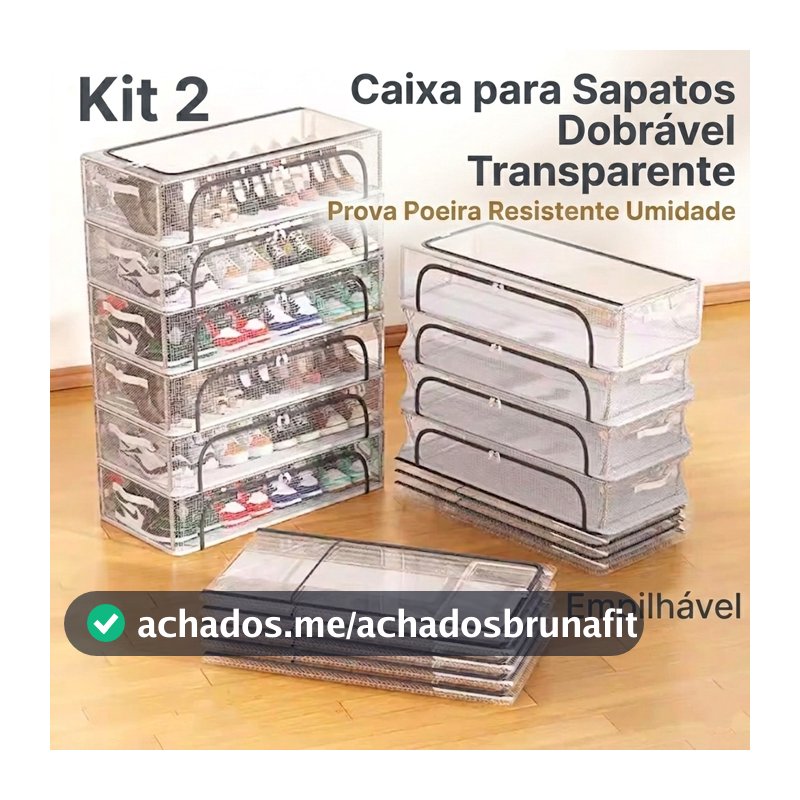Kit 2 Caixas para Sapatos Transparente com Zíper Empilhável Organizador Multifuncional Tipo Concha