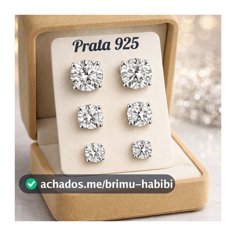 Kit 3 Pares de Brincos Femininos Prata 925 Legítima – Zircônia Brilhante Redonda Delicada Joia