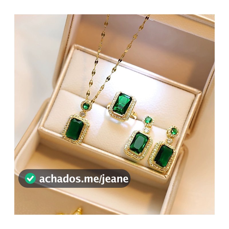 Conjunto De Joias Esmeralda Vintage 3 Peças Anel Brinco Pingente Verde Luxo Banquete De Casamento