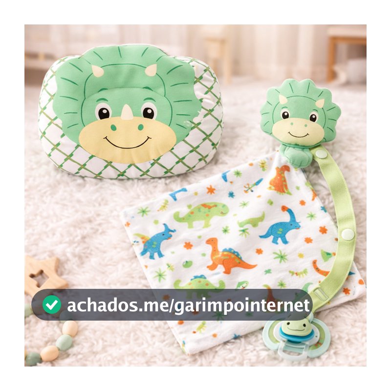 Naninha com Prendedor de Chupeta + Travesseiro Anatômico para Bebê Dino Verde