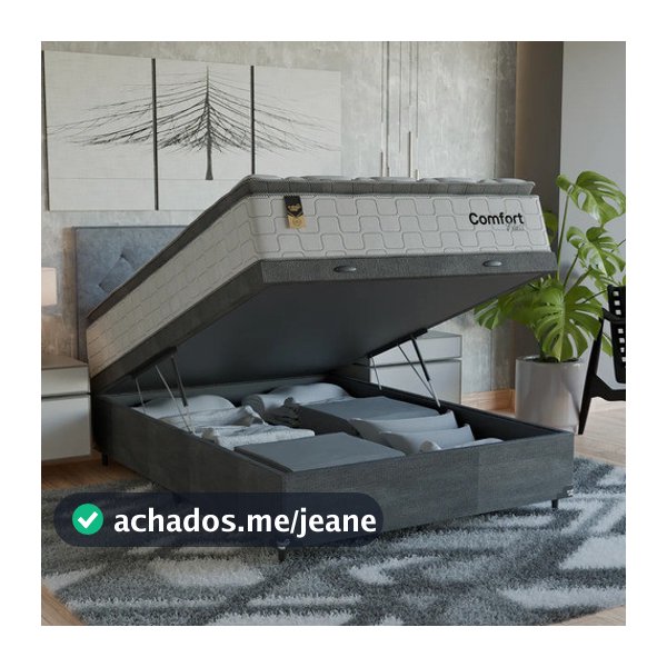 Cama Box Baú Viúva + Colchão Comfort Class Pillow Top  Branco/suede Cinza