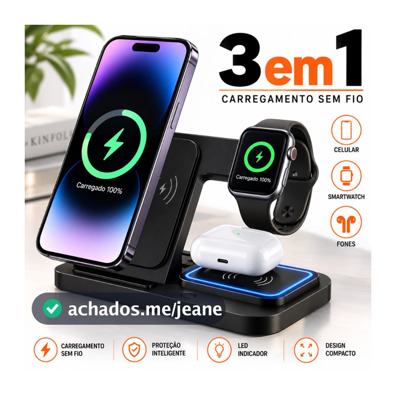 Carregador por Indução Sem Fio iPhone Apple Watch AirPods Estação de Carregamento 30w Com led