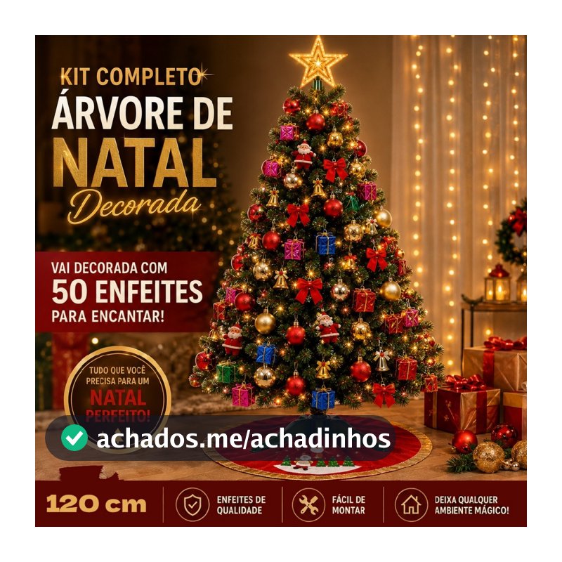 Arvore de Natal Decorada 120cm 120 Galhos + 50 Enfeites Completa Enfeitada Pinheiro Verde Pisca Led Decoração Top