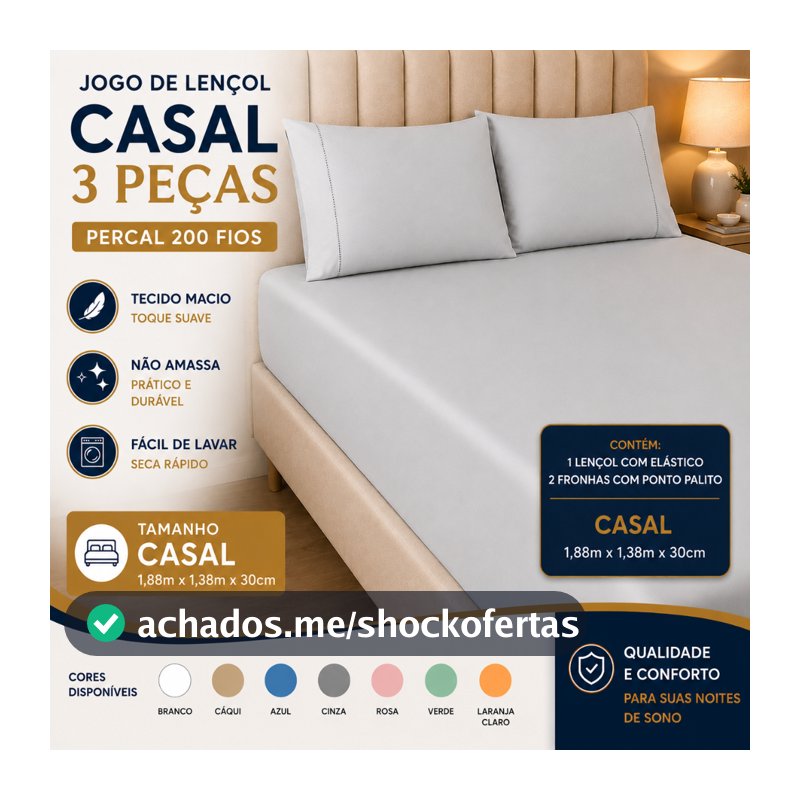 Jogo De Lençol Casal 200 Fios 3 Peças 100% Algodão
