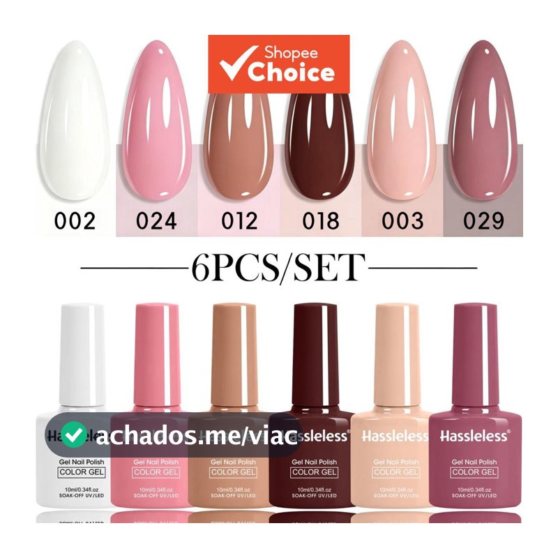Conjunto de esmalte em gel Hassleless 6 peças - 6 cores Tamanho completo Rosa Marrom Nude Verão Conjunto de esmalte em