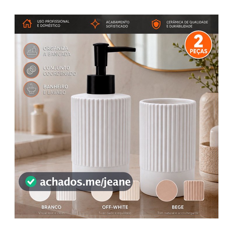 Kit Banheiro Lavabo Completo Porta Sabonete Liquido Porta Escova de Dente Cerâmica Premium Canelado