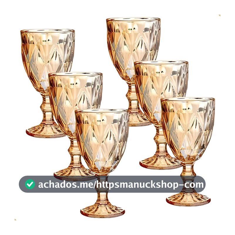 Jogo 6 Taças Diamond Bico De Jaca Dourado Azul Verde Furta cor Fume Água Vinho 330ml