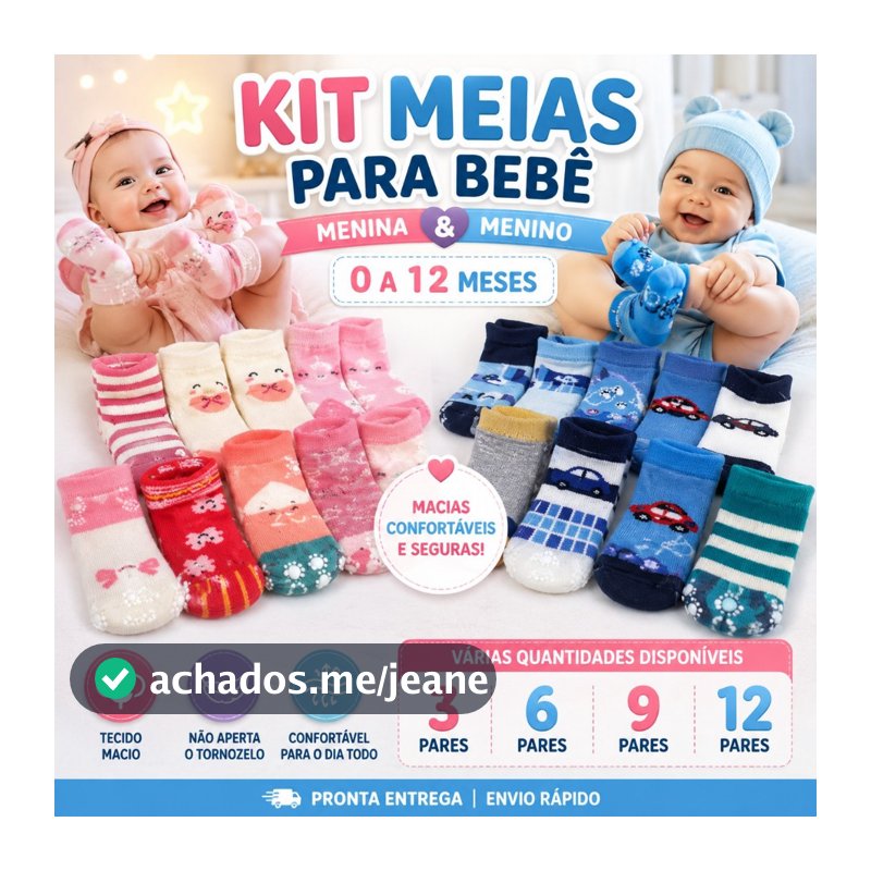 Kit com Pares de meia para Recém Nascidos e Bebê Menino e menina c/ Antiderrapante 0 á 24 Meses Macio Respirável