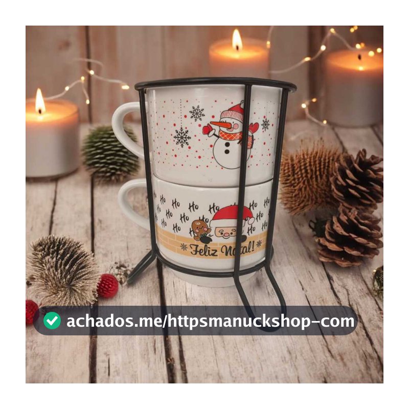 Kit 2 Xicaras Porcelana Chá Café Natal + Suporte Metal