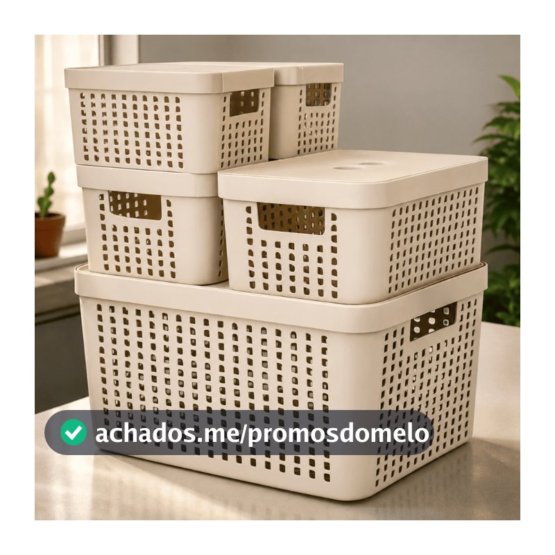 Kit 5 Caixas Organizadoras com Tampa Cesto Grande de Plástico 2 Litros 4,5 Litros 17 Litros