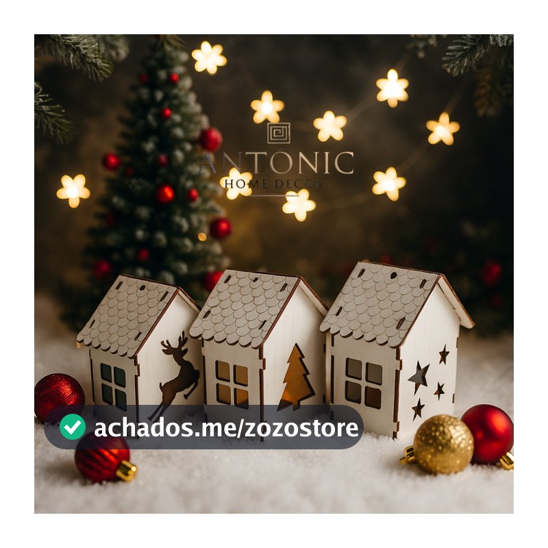 Trio de Casinhas Natalinas BRANCAS OU MARROM em MDF com Fio de LED – Decoração de Natal