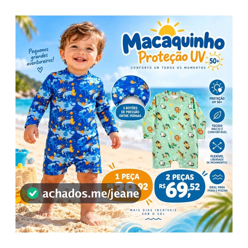 Macaquinho Menino Bebê Praia Com Proteção Solar Uv50+ M ao 3 Anos Romper Praia e Piscina