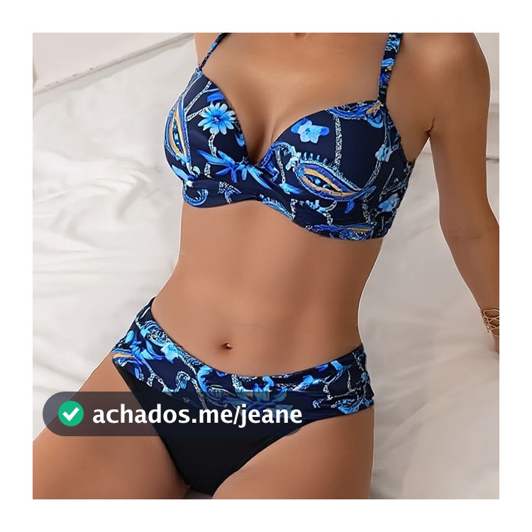 Conjunto Biquíni Preto com Estampa Floral Azul, Top com Bojo e Calcinha Cintura Média Moda Praia Verão