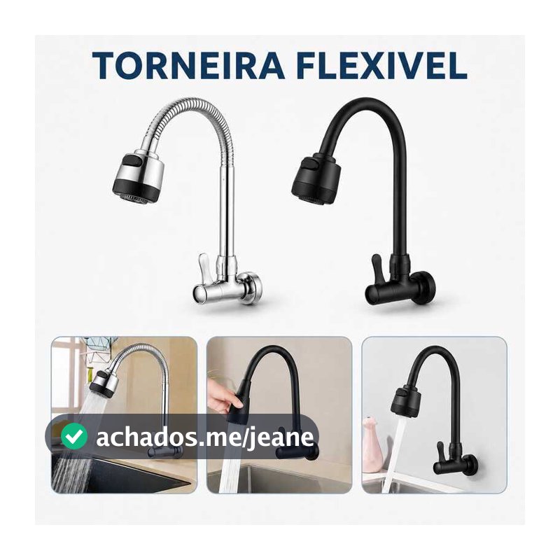 Torneira Cozinha Parede Preta Flexível Duplo Jato Cone 1/4 de Volta