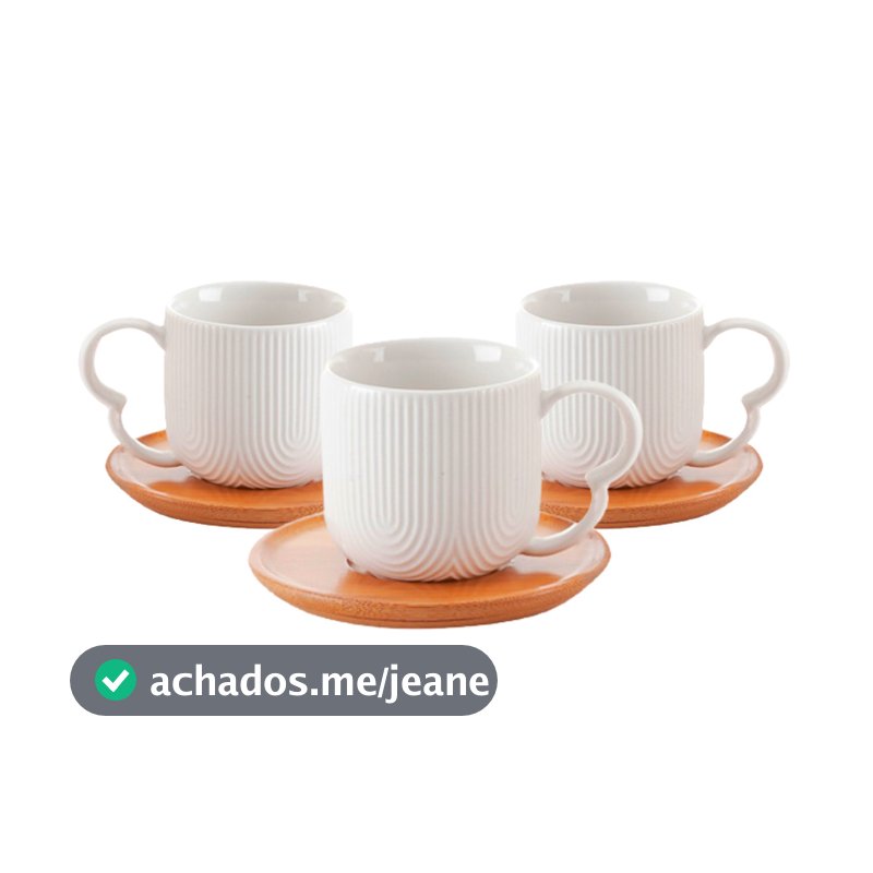 Jogo 4 Xícaras Porcelana Branco De Café Chá Com Pires de Bambu Madeira Oásis 90ml