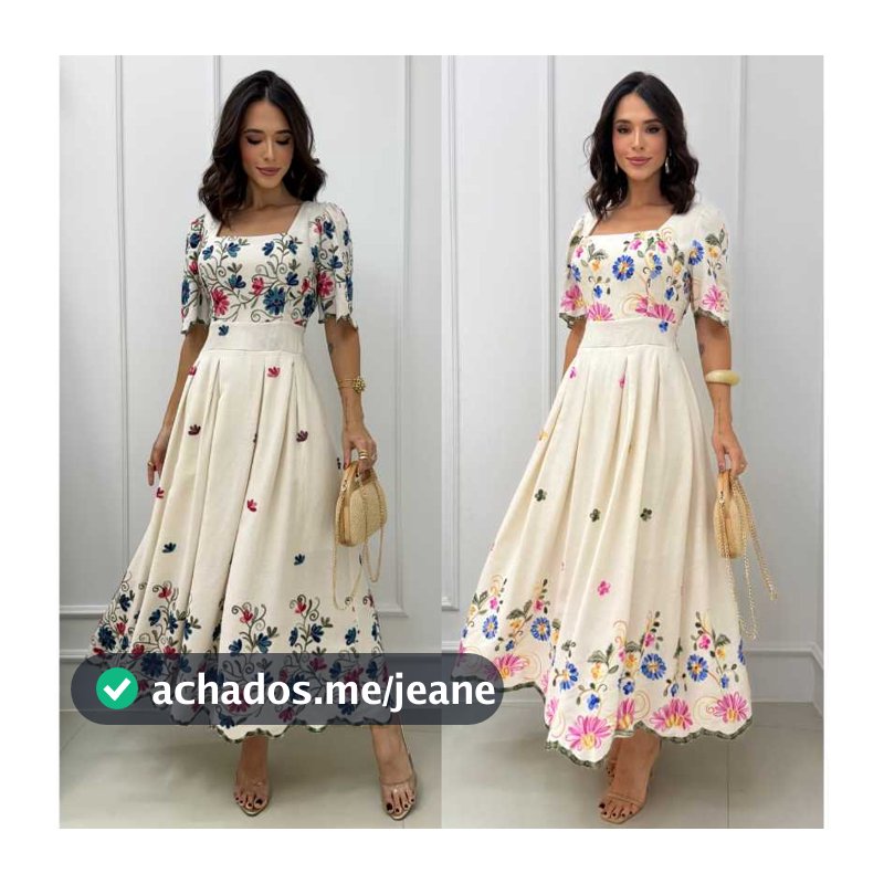 Vestido Linho Bordado Midi Manga Princesa Festa Casual Elegante