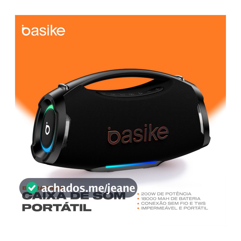 Caixa de Som Bluetooth Basike Boombox 200W 18000mAh IPX6 à prova d'água RGB TWS Graves Potentes