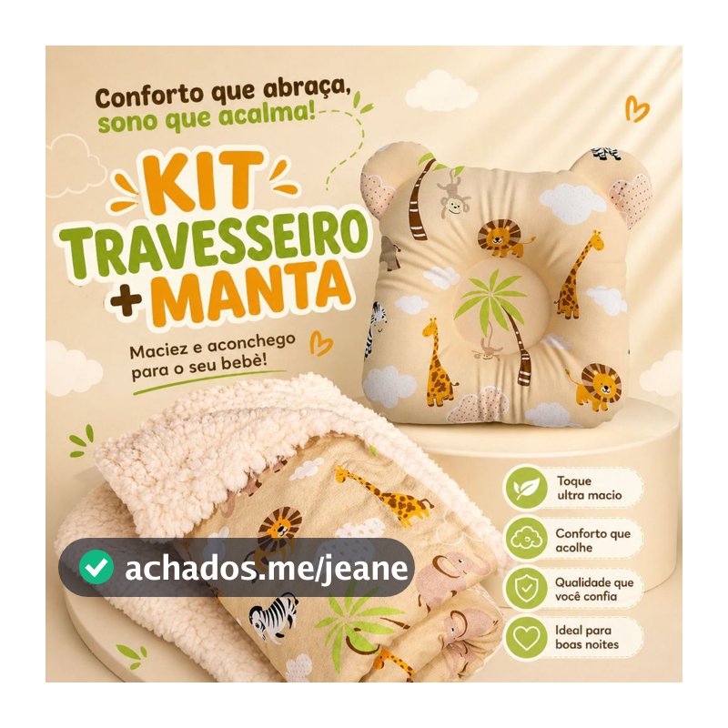 Kit Travesseiro Anatômico Bebê + Manta Sherpa Inverno Cobertor Macio Antialérgico