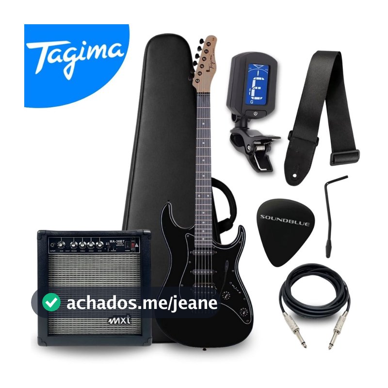 Kit Guitarra Tagima Tremolo Distorção Stratocaster Eletrica + Afinador Case Bag Correia Cabo Cubo Amplificador Completo