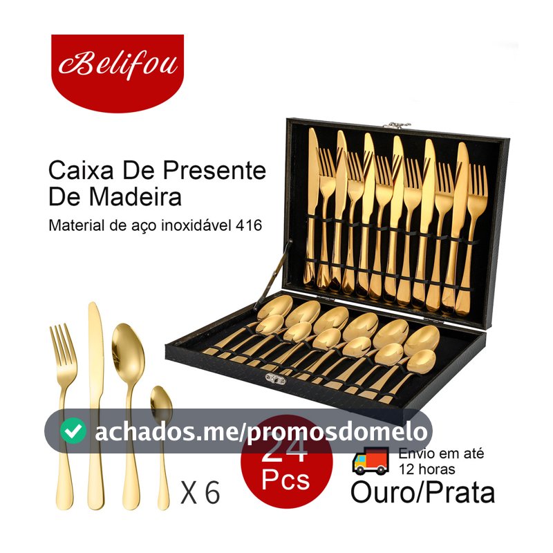 Belifou Kit 24 Peças Jogo De Talheres Dourados Aço Inoxidável Caixa De Madeira