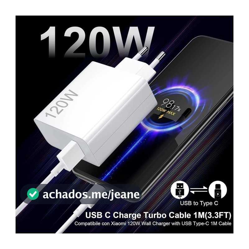 Carregador Turbo 120w Fonte Usb Carregador + cabo Ultra Rápido 120w Usb C Turbo